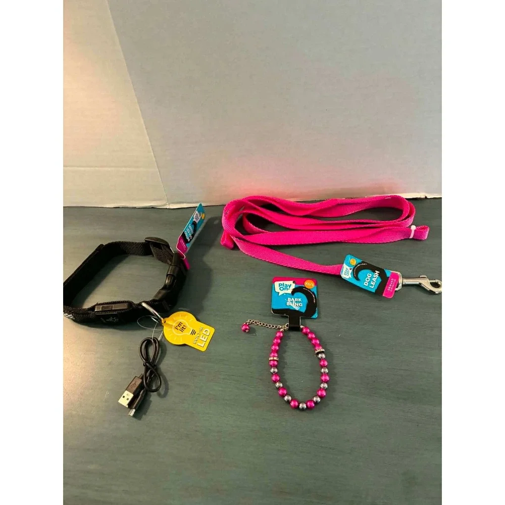 Play On! Dog Accessory Set XS/S Pink Black‎ LED Collar Leash Bark Bling Necklace